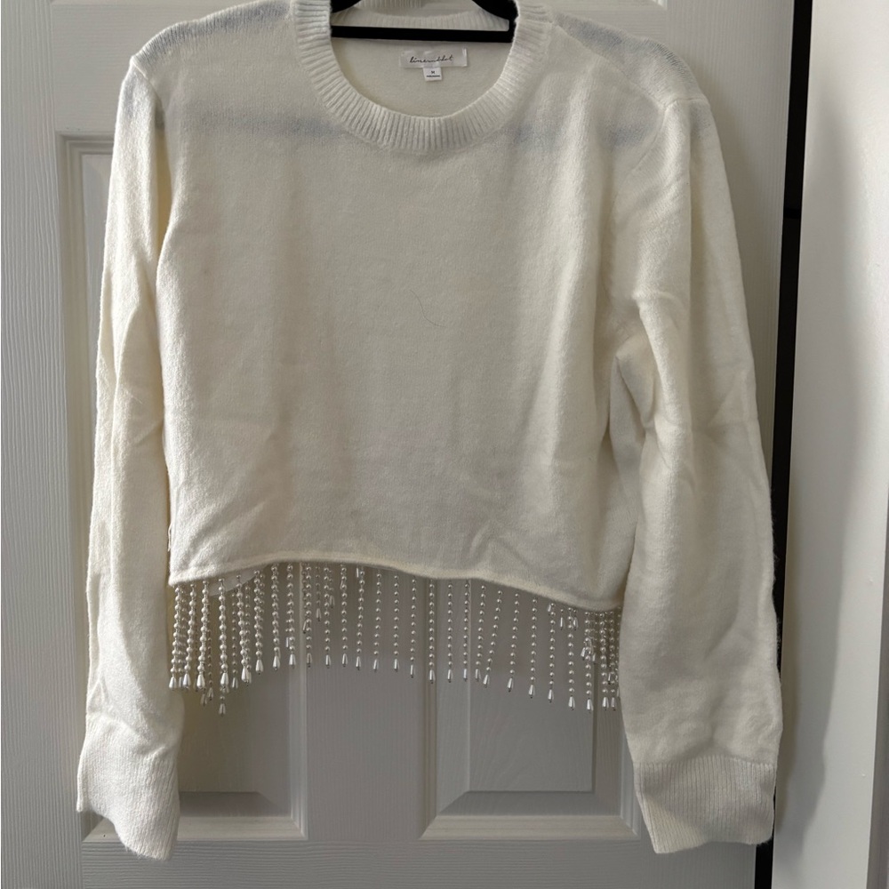 Anthropologie Cream Sweater with Beaded Fringe